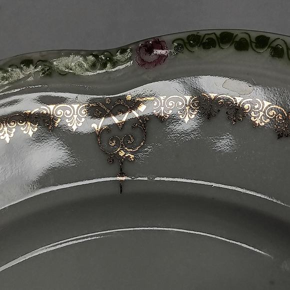 Ceramic Wavy Edge Plate 7.5" Diam Green Rim With Pink Roses In Between and Gold - Picture 3 of 5
